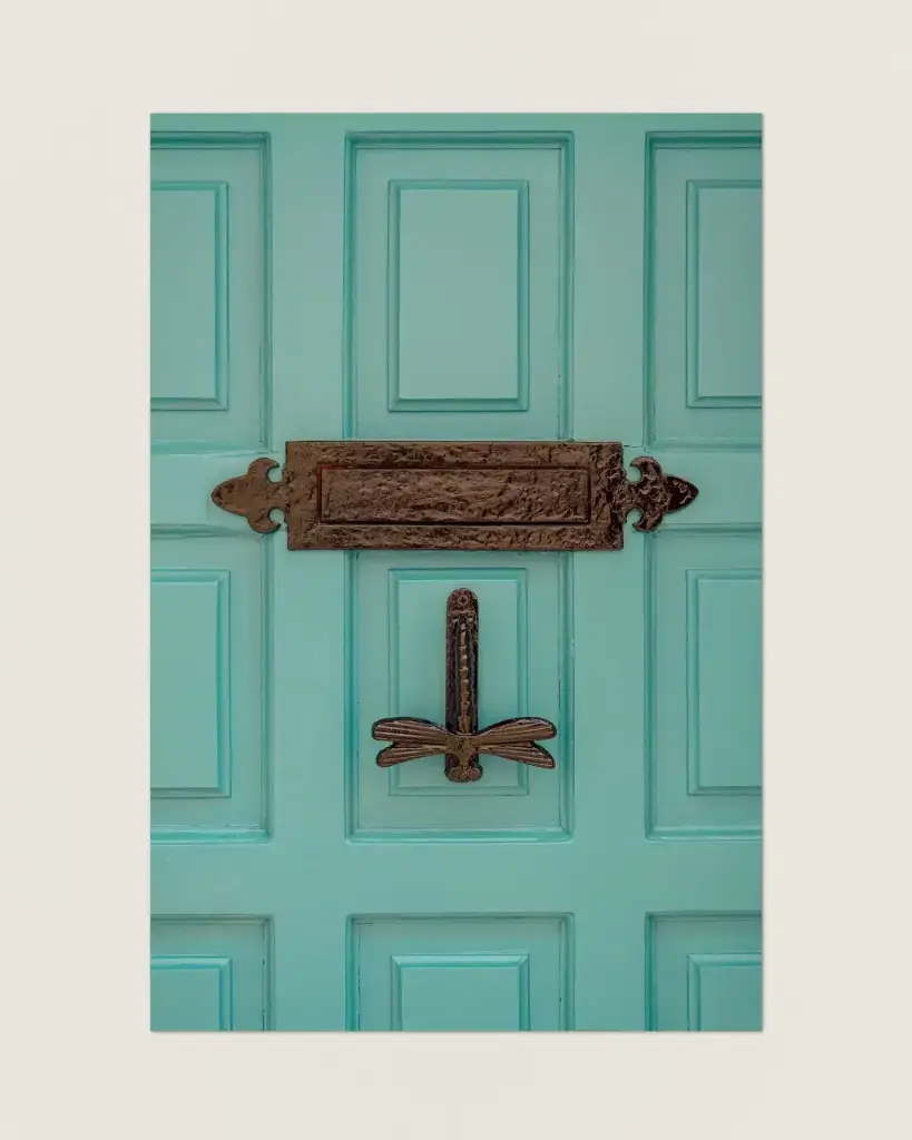 Photographie Porte Turquoise & Heurtoir Libellule – Décoration Murale Bohème – Photo de Voyage France – Tournon-d’Agenais - Tirage d'art (21x29.7 cm - 8x12_).webp