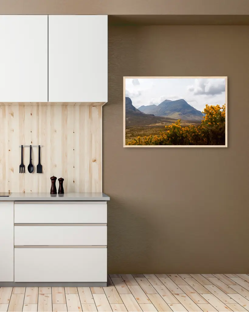 Glencoe_vallee_fleur_jaune_montagne_scotland_poster_cadre_3_cuisine_moderne.webp