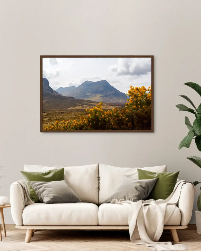 Glencoe_vallee_fleur_jaune_montagne_scotland_poster_cadre_1_ambiance.webp