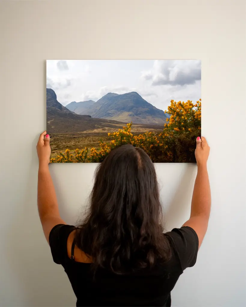 Glencoe_vallee_fleur_jaune_montagne_scotland_aluminium_3_femme_mur.webp