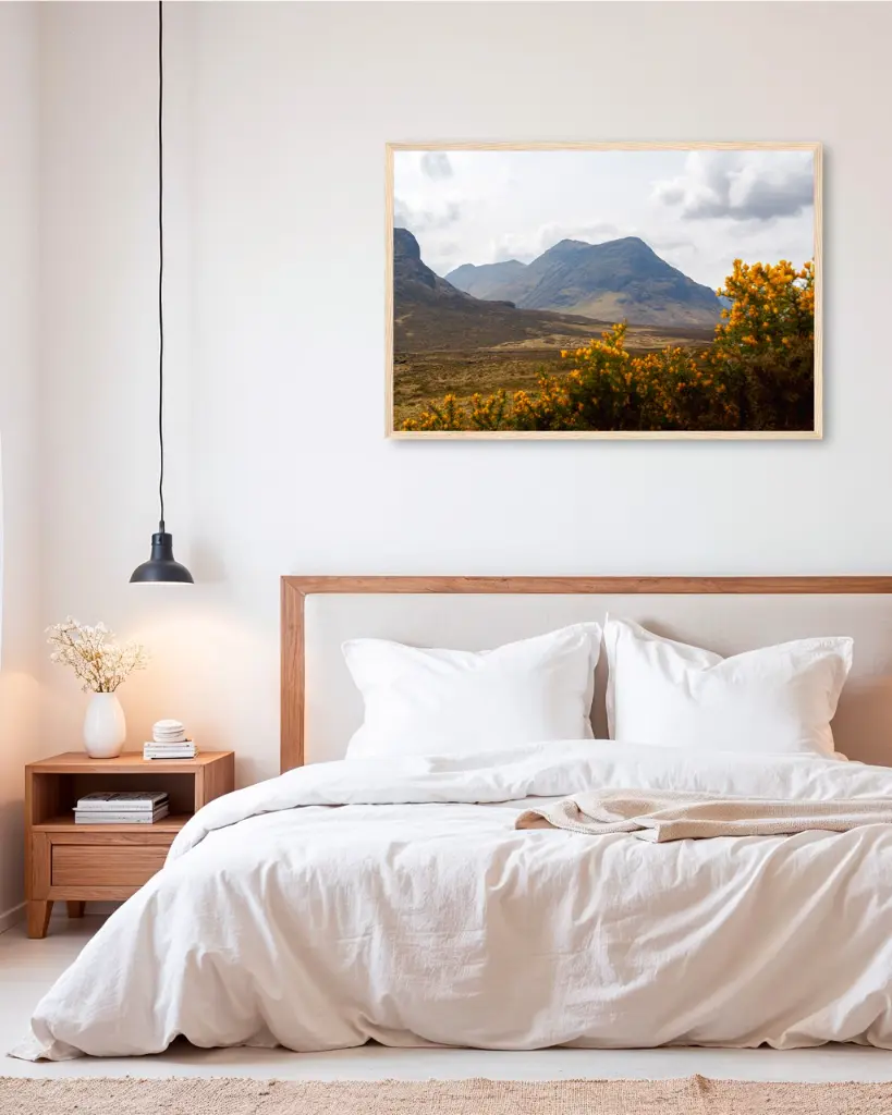 Glencoe_vallee_fleur_jaune_montagne_scotland_poster_cadre_5_chambre_scandinave_moderne.webp