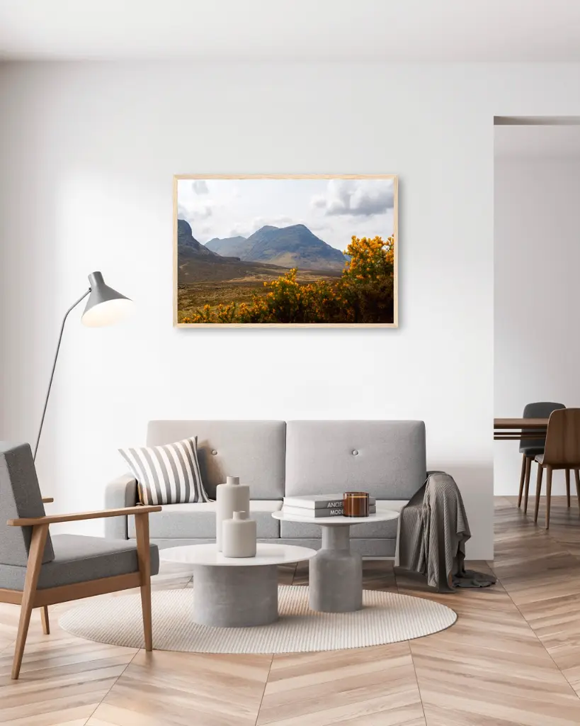 Glencoe_vallee_fleur_jaune_montagne_scotland_poster_cadre_2_salon_gris_tissus_moderne.webp