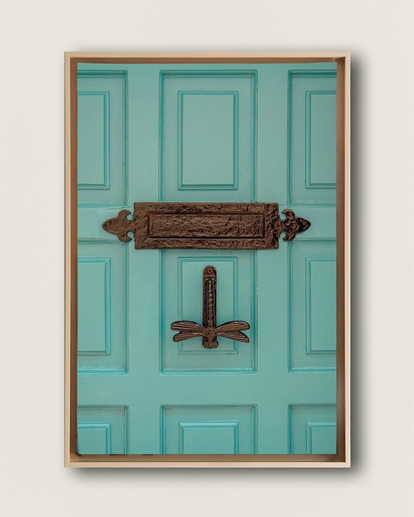 Photographie Porte Turquoise & Heurtoir Libellule – Décoration Murale Bohème – Photo de Voyage France – Tournon-d’Agenais - Toile encadrée (20x30 cm / 8x12″, Wood frame)