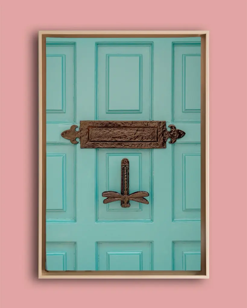 Photographie Porte Turquoise & Heurtoir Libellule – Décoration Murale Bohème – Photo de Voyage France – Tournon-d’Agenais - Toile encadrée