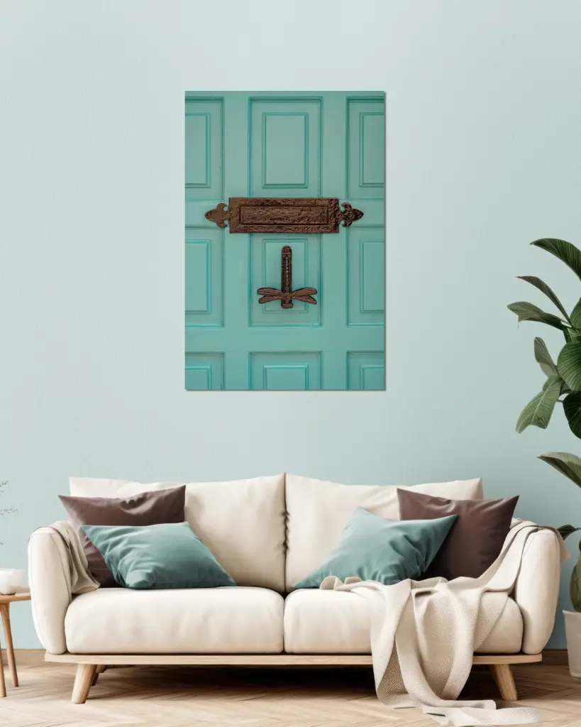 Photographie Porte Turquoise & Heurtoir Libellule – Décoration Murale Bohème – Photo de Voyage France – Tournon-d’Agenais - Tirage d'art