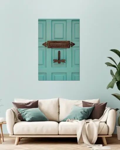 Photographie Porte Turquoise & Heurtoir Libellule – Décoration Murale Bohème – Photo de Voyage France – Tournon-d’Agenais - Aluminium