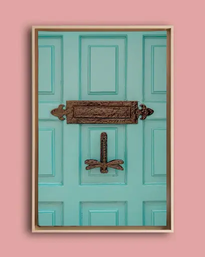 Photographie Porte Turquoise & Heurtoir Libellule – Décoration Murale Bohème – Photo de Voyage France – Tournon-d’Agenais - Toile encadrée
