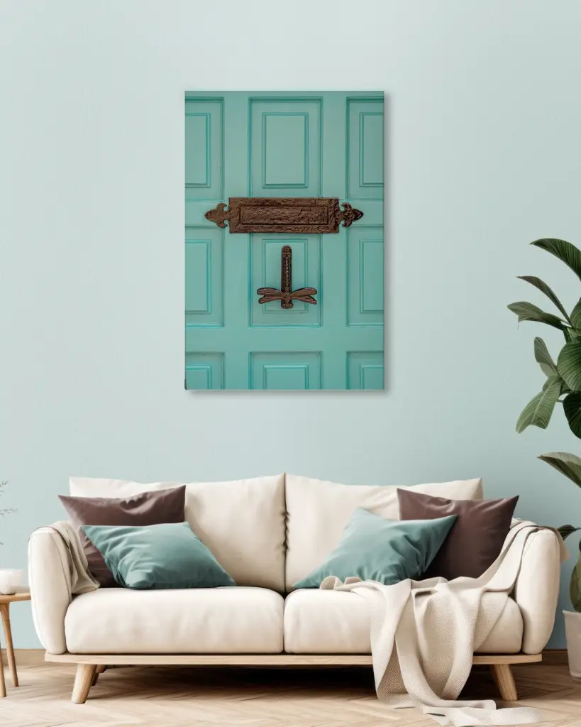 Photographie Porte Turquoise & Heurtoir Libellule – Décoration Murale Bohème – Photo de Voyage France – Tournon-d’Agenais - Toile